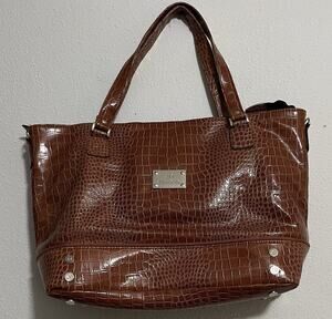 JM New York Brown Crocodile Pattern Patent Tote Zip Closure Silver Hardware